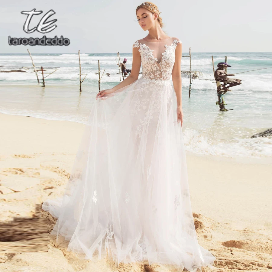 

Cap Sleeves Scoop Wedding Dresses A Line Sleeveless Lace Applique Beach Illusion Back Sweep Train Bridal Gown with Buttons