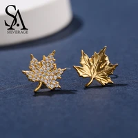 sa silverage 925 sterling silver yellow gold color maple leaf stud earrings woman 925 silver gold zirconia asymmetry earrings