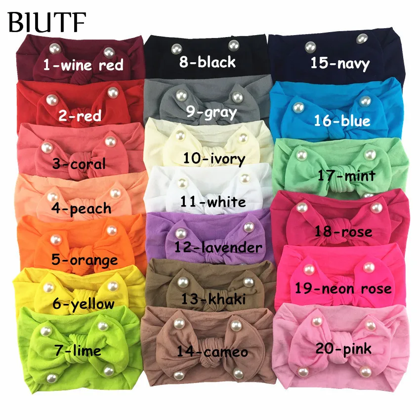 20pcs/lot Handmade Soft Nylon Elastic Headband Bow Knotted Solid Color Hairband with Pearl Princess Headwear HB085 | Аксессуары для