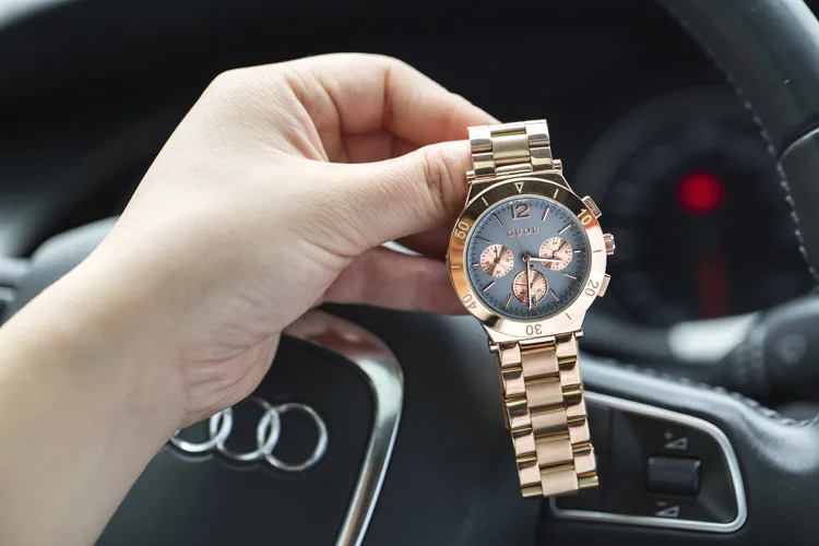Fashion Good Quality GUOU Brand Stainless steel watchband multifunctional Casual ladies watch calendar Luxury Gold Wristwatches | Наручные