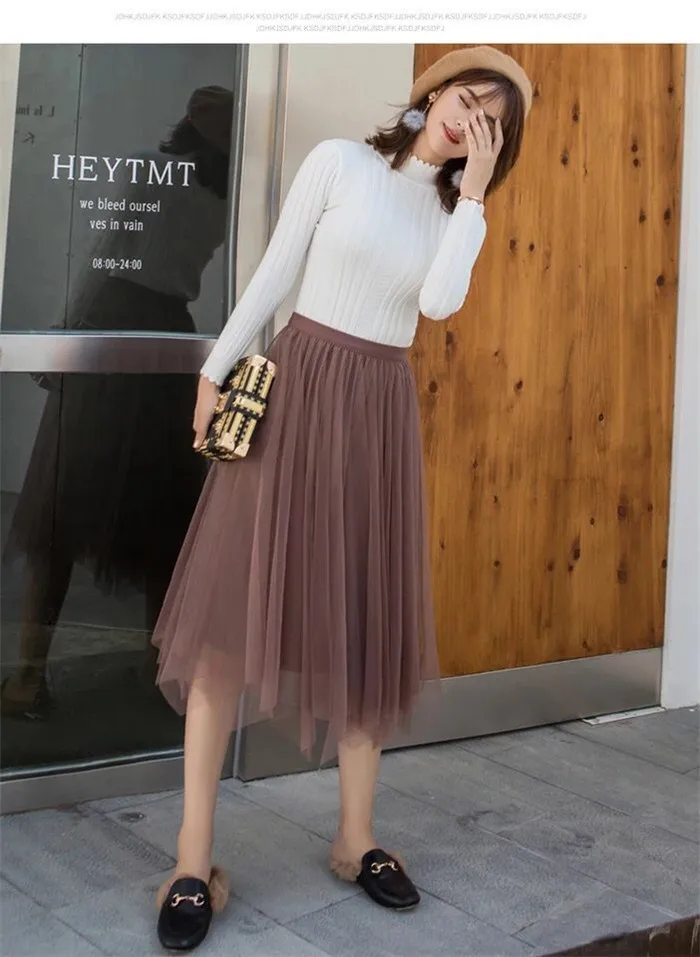ELEXS 2 Layers Mesh Skirts Women's Black Gray Adult Tulle Skirt Elastic High Waist Pleated Midi Skirt Double-side