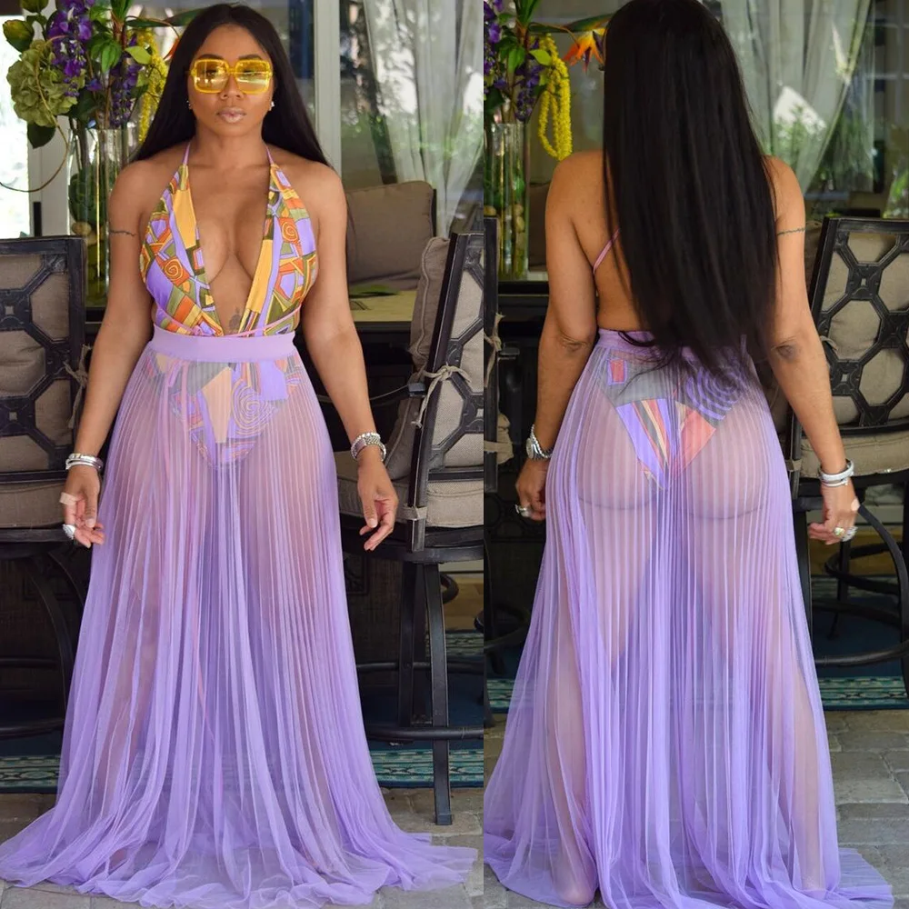 

2019 Sexy Swimwear One Piece Swimsuit+Beach Cover Up Set Mesh Skirt Women Backless Monokini Swimsuit Beach Bathing Suit 2PCS/SET