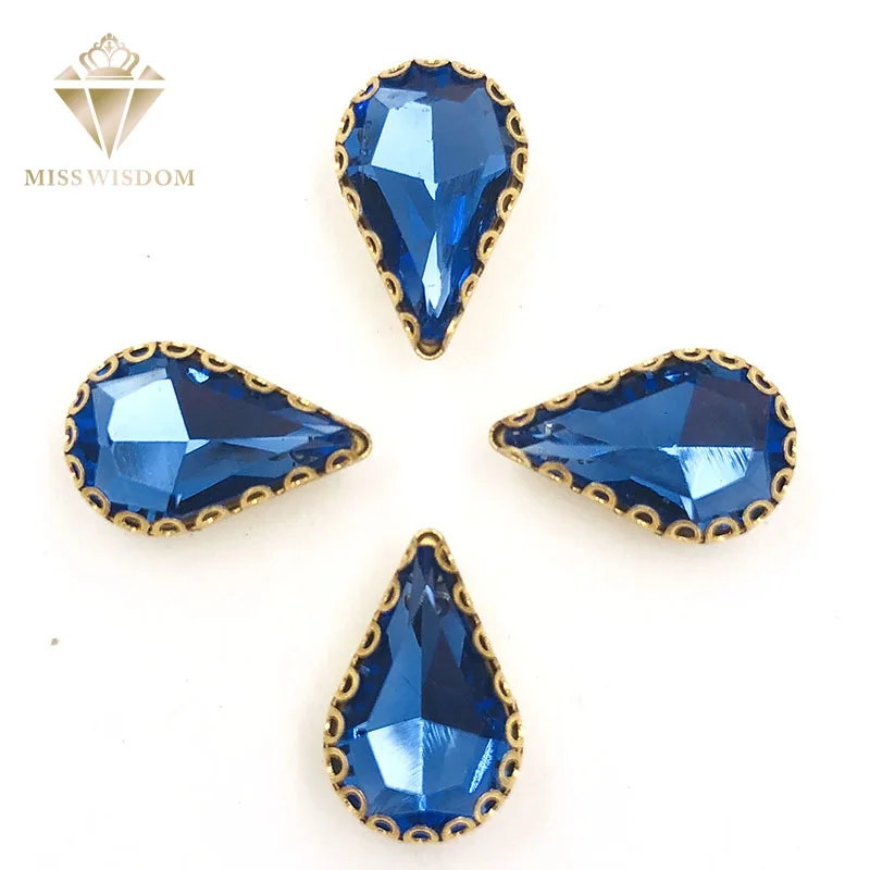 

Hot selling8X13mm Light blue teardrop sew on rhinestones gold base with hole glass crystal pear shape rhinestone Diy accessories