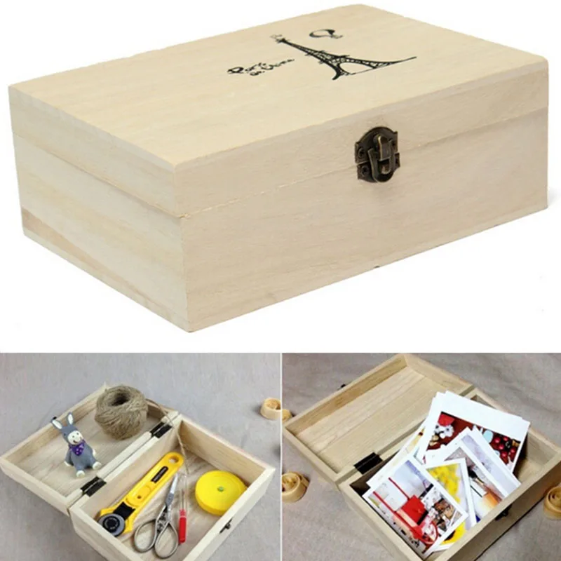 

Retro Storage Box Natural Wooden With Lid Golden Lock Postcard Home Organizer Handmade Craft Jewelry Case Wedding Gift