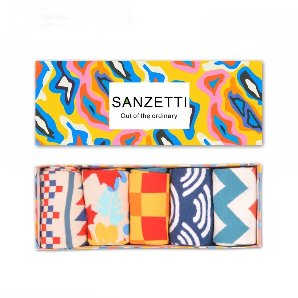 SANZETTI 5 пара/лот Подарочная коробка Забавный Для мужчин; хлопок экипажа бренд скейтборд носки красочные Новинка Платье Повседневное дизайнерские носки