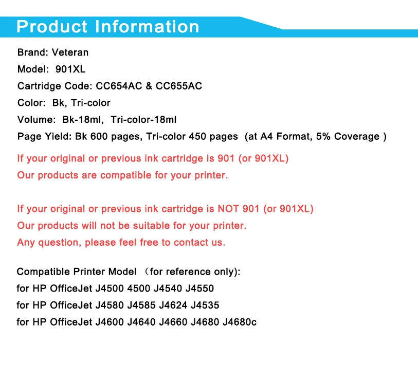 Сменный чернильный картридж Veteran 901XL для принтера hp 901 XL hp901xl Officejet 4500 J4500 J4540 J4550 J4580