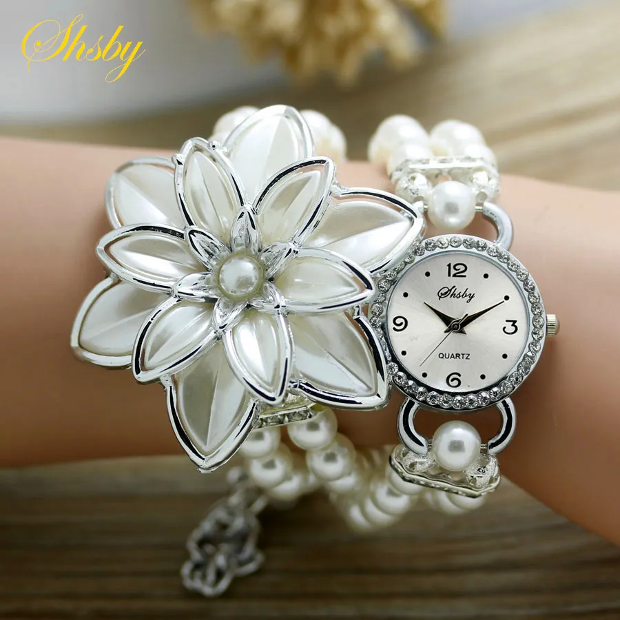 silver white Shsby, модные женские часы, стразы, женские, жемчужный ремешок, много лепестков, цветок, браслет, кварцевые наручные часы, женские часы под платье - Цвет: silver white