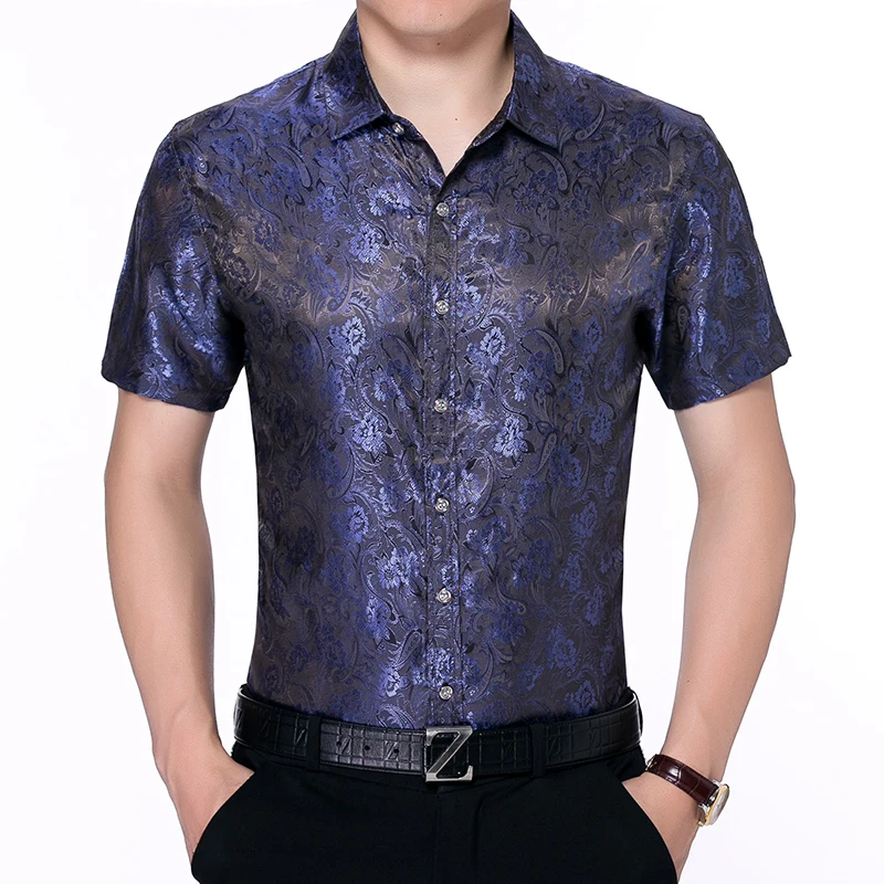 

Mens floral summer shirts casual business men silk dress fashion printing satin shirts short sleeve