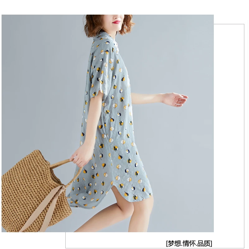 Women Casual Asymmetrical hem Cotton Linen Leaves Print Plus Size Blouse 2019 Summer Mid-Long Turn-down Collar Long Tunic shirt | Женская