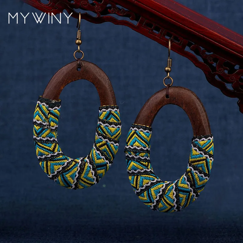 Новые винтажные цветные Серьги MYWINY из дерева с тканевым узором овальной формы 2