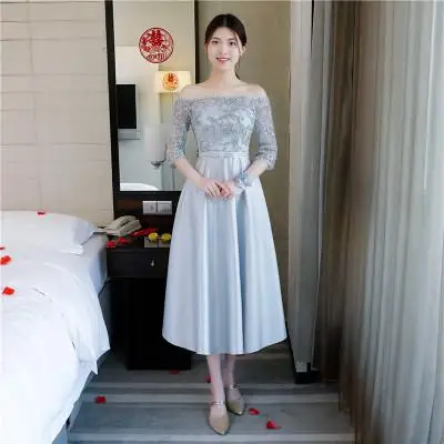 Women Wedding Bridesmaid Dress Sexy Flower Qipao Elegant Solid Lace Long Vestido De Festa Plus Size Girl Garden Cheongsam XS-3XL - Цвет: Silver Gray 6