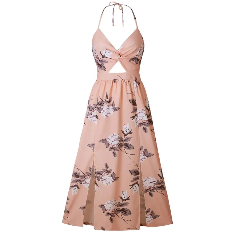 Летние Цветочный принт Разделение спинки Boho пляжное платье плюс Размеры длиной
