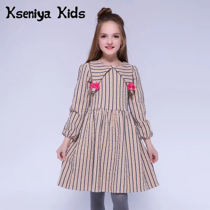 Kseniya/Детское платье для девочек зимние хлопковые плотные праздничные платья с бантом для девочек в полоску с длинными рукавами, 6, 8, 10 лет