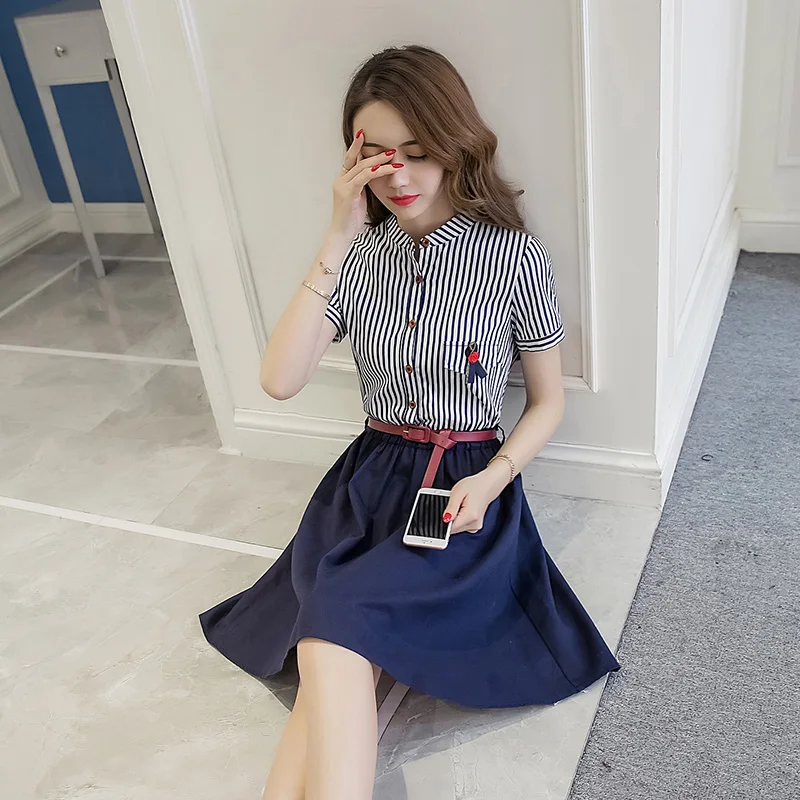 Camty отложной воротник короткий рукав и пуговицы в полоску платье лоскутное