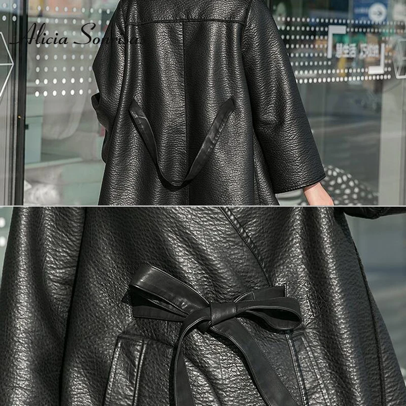 

2019 New Leather Jacket Women Double Face Use Autumn Winter Parkas Black Faux Sheepskin Coats With Belt Loose Jackets BE077