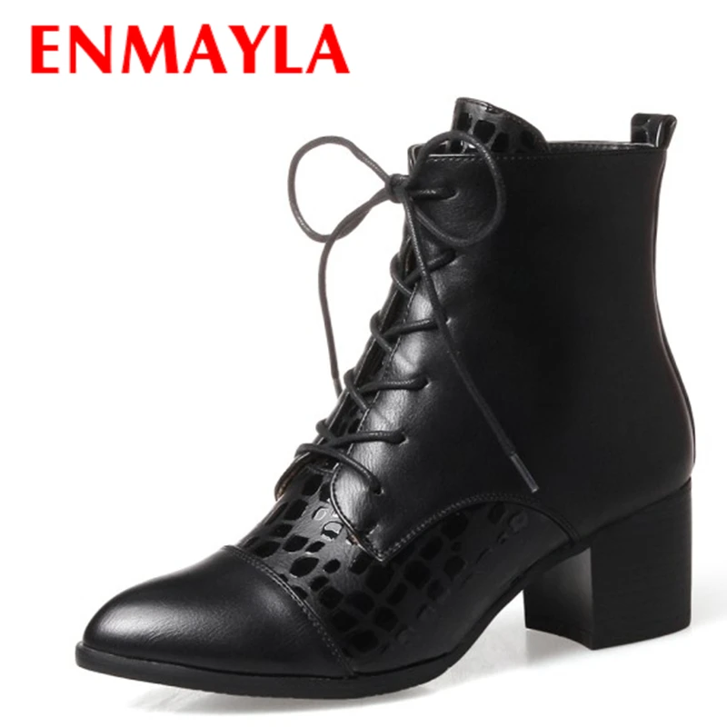 

ENMAYLA Lace-up Ankle Boots Women Med Heels Pointed Dance Boots Pumps Shallow Ladiies Shoes Red White Wedding Shoes