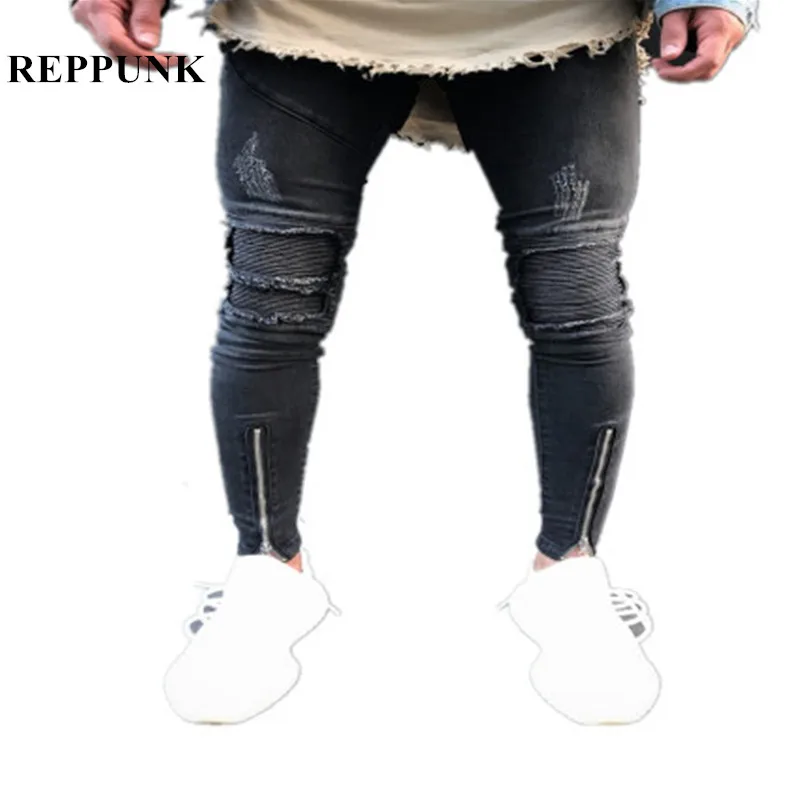 REPPUNK 2019 Новый Для Мужчин's плиссированные джинсы для байкеров Slim Fit дизайнерские