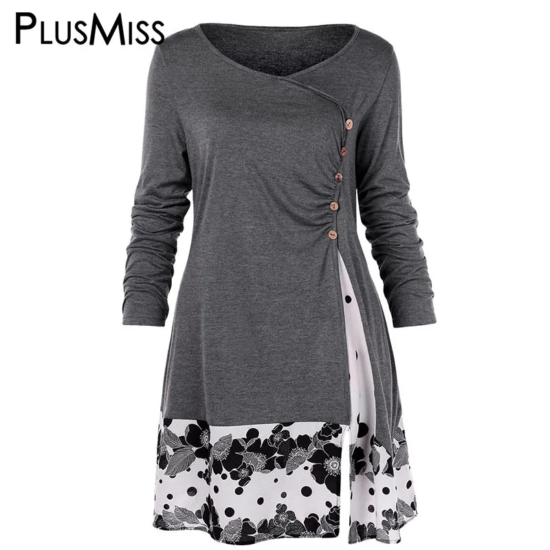 Серый PlusMiss размера плюс 5XL драпированное платье с цветочным принтом длинная туника футболки Для женщин Весна топы с длинными рукавами футболки для девочек больших Размеры XXXXL XXXL XXL - Цвет: Серый