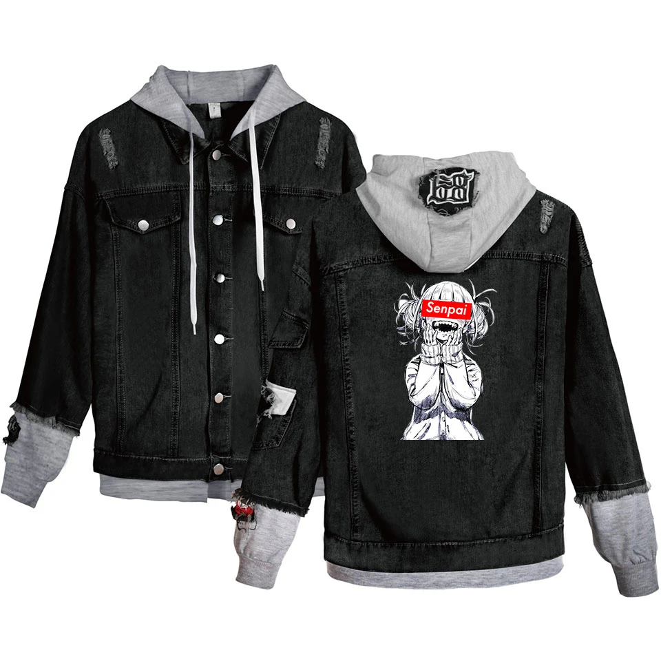 Senpai Women Denim Jacket Girls Casual Ripped Hole Jeans Coat Female Plus Size Hooded Outerwear Spring Autumn Jackets