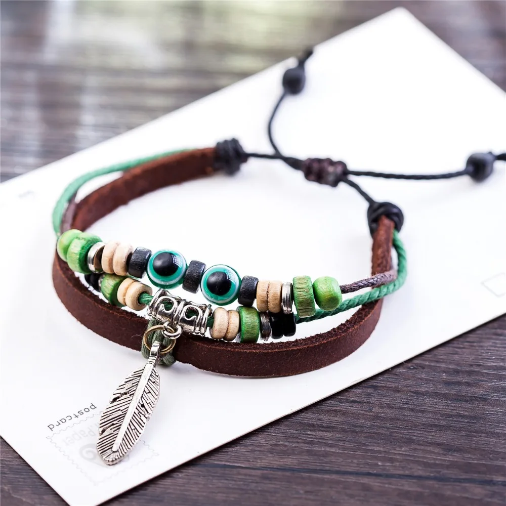 Real Leather Bracelets for Women Men Jewelry Feather Charm pulseira masculina feminina erkek bileklik Punk bracelet | Украшения и