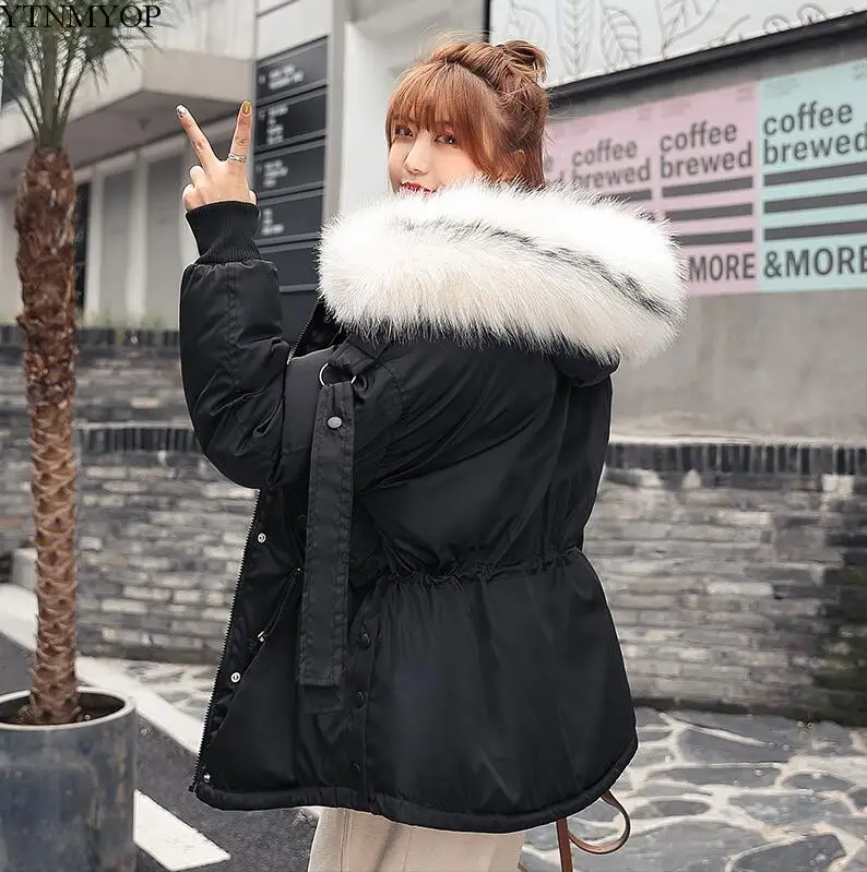 black style 2 YTNMYOP Large Fur Collar Winter Coat Women Hooded Parkas Short Cotton Padded Jacket Coat Thickening Warm Wadded Jacket Female - Цвет: black style 2