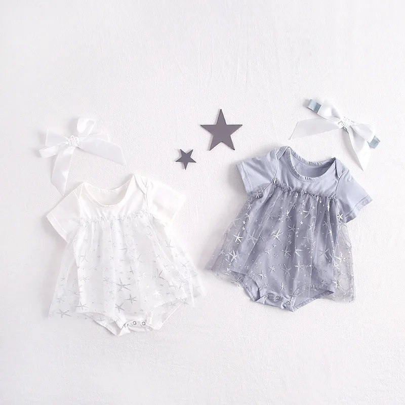 

Newborn Girls Baby Stars Tulle Ins Hot Fashion Rompers Gray White Color Summer Toddler Kids Sweet New Romper Clothing