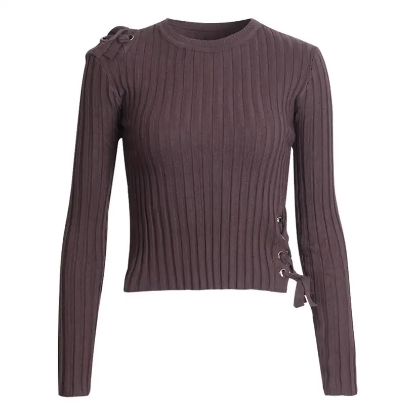 

2019 new hot sale women's spring autumn short style slim knitted sweaters women fashion lace up pullover sweater