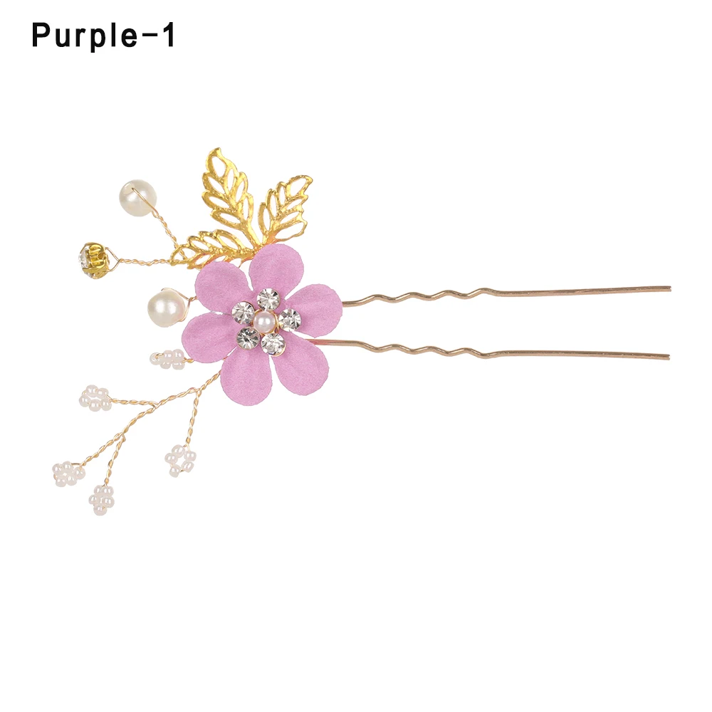 purple 01 Модные расчески для волос с голубыми и красными цветами; головной убор для невесты; Свадебные украшения; аксессуары для волос с золотыми листьями; заколки для волос и палочки - Окраска металла: purple 01