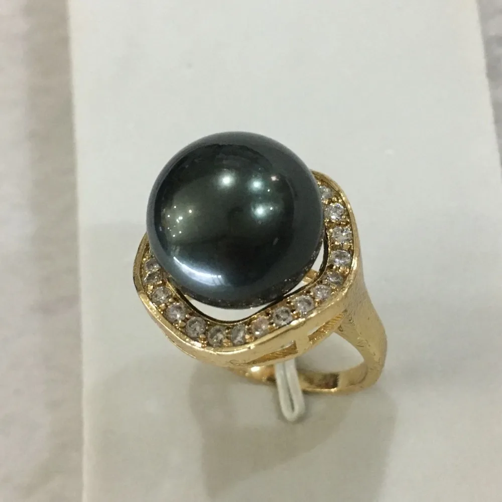 free shipping New trend lady's exquisite GP inlay crystal 14mm black shell pearl ring SIZE 6/7/8/9/10 | Украшения и