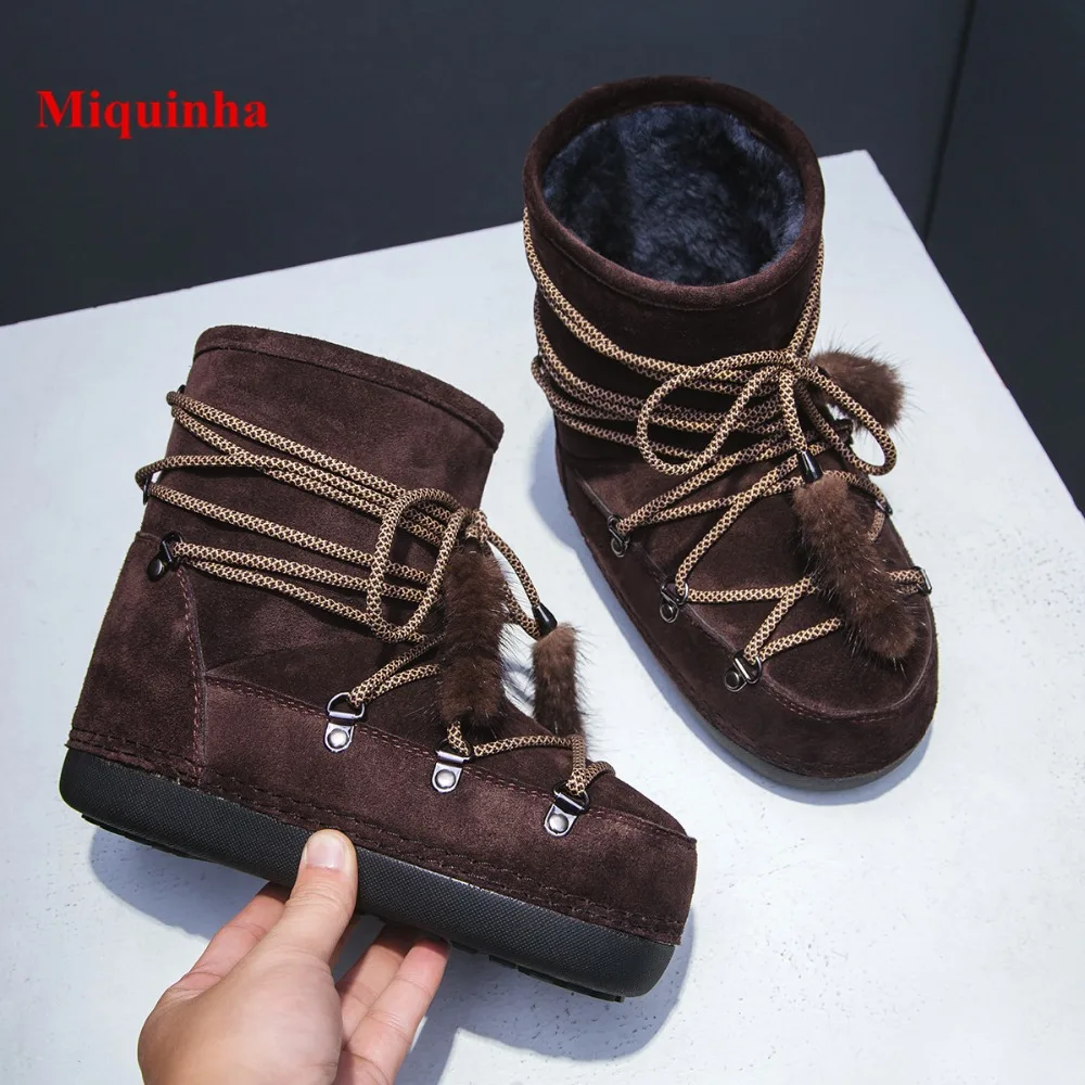 Hiver Bottines Femme/фирменный дизайн коричневый цвет на шнуровке Шерсть женские зимние