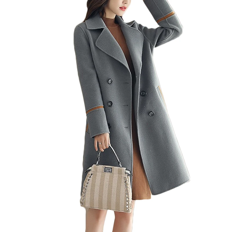 

New Korean Long Woolen Coat Women Fashion Loose Plus size Wool Coat Women's Temperament Double-breasted Gray blue Overcoat A295