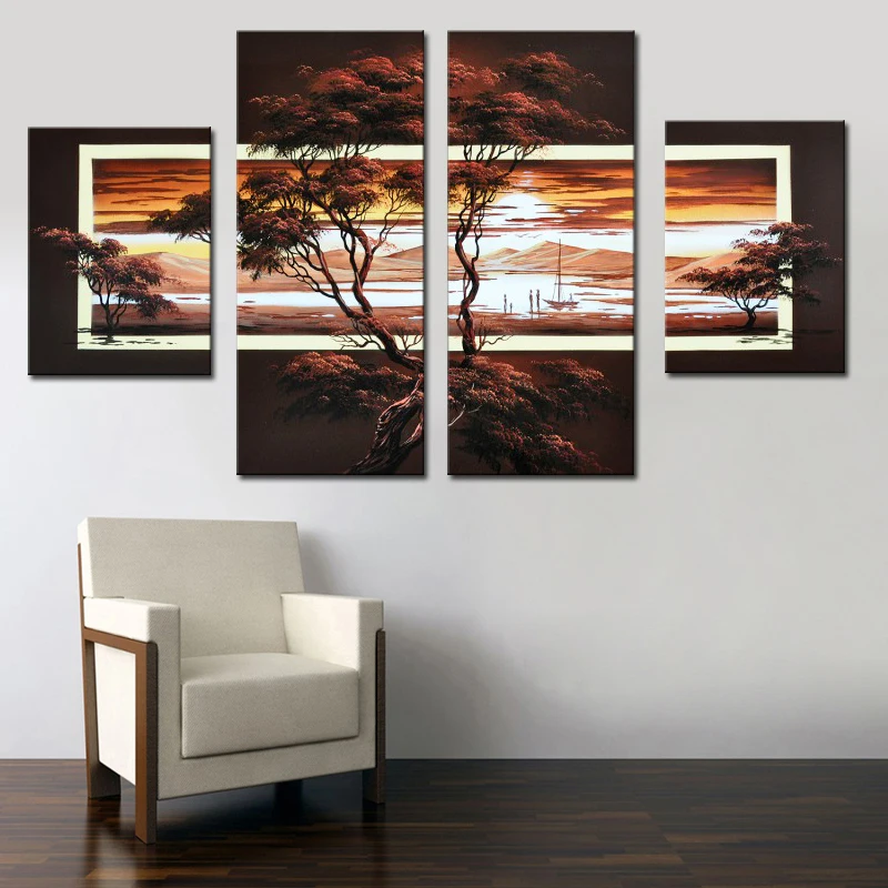 

Beautiful Landscape Oil Painting on Canvas for Living Room Modern Bedroom Tree Wall Art 4 Panel Set Unframed Abstract Home Decor