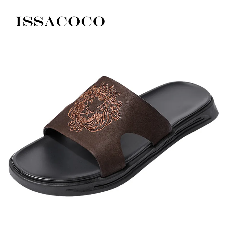 ISSACOCO Summer Men's Genuine Leather Slippers Men's Totem Flip Flops Beach Sandals Outdoor Leisure Non-slip Men Home Slippers
