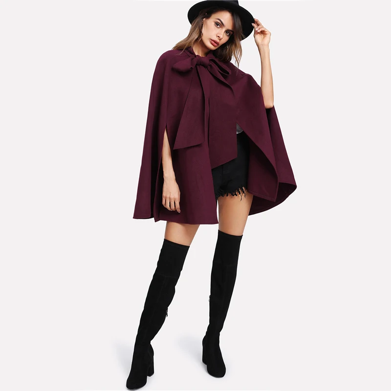 SHEIN Модное Однотонное Пончо С Бантом Элегантное Женское Осеннее Пальто С Длинными Рукавами