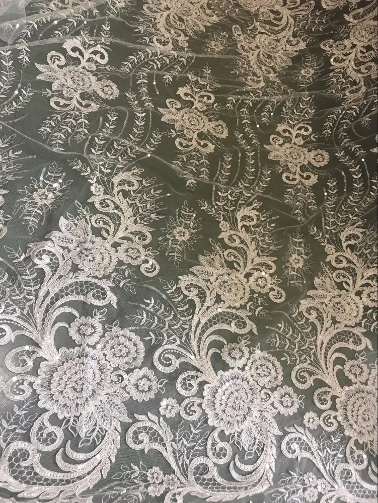 

1 yard Off White Cord Lace Fabric With Sequins Sequined Alencon Lace Fabric Bridal Lace Fabric