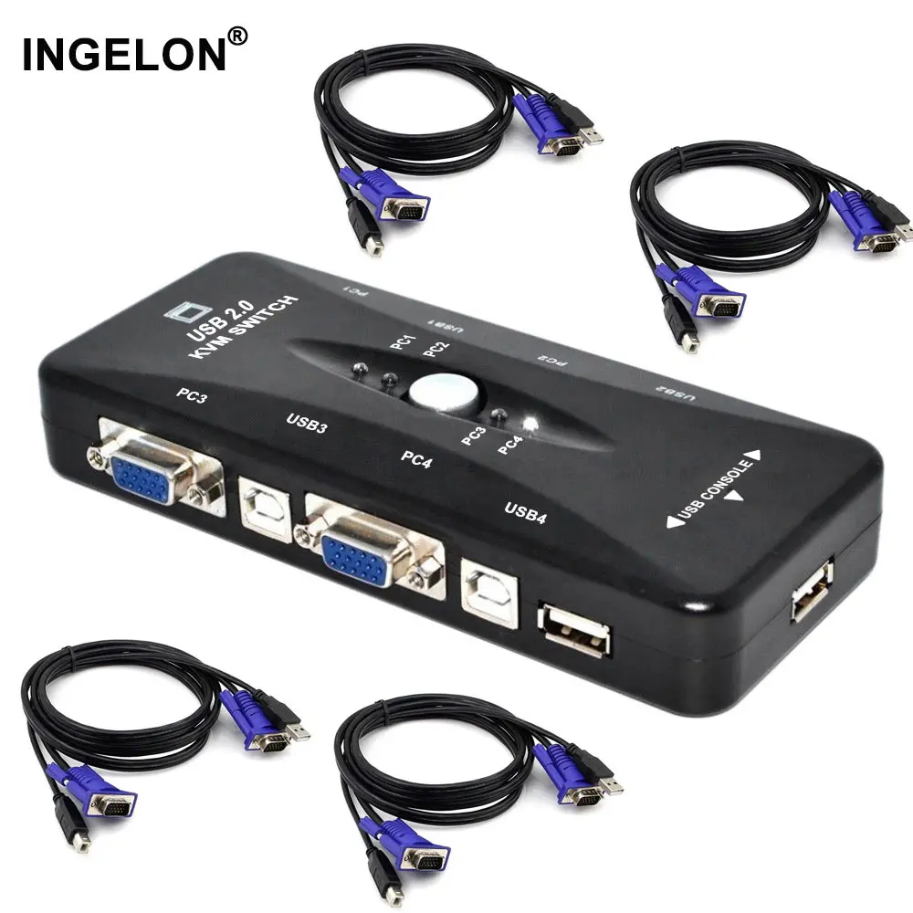 Ingelon 4 порта kvm переключатель USB 2,0 VGA разветвитель принтер Мышь Клавиатура Pendrive Share Switcher 1920*1440 VGA переключатель коробка адаптер