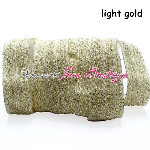 

New arrival light gold glitter thread fold over elastic for hair elastic, 50 yards/lot metallic foe