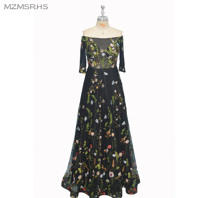 

Elegant Boat Neck Evening Dresses long 2017 Pretty Black Lace Half Sleeve Floor-Length Formal Party Dress robe de soiree