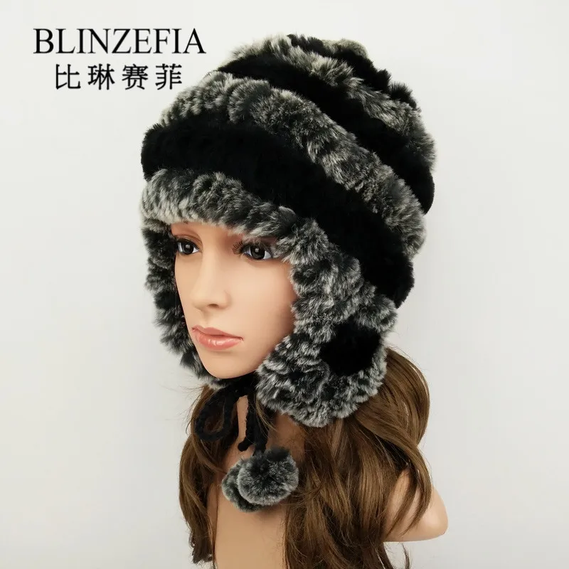 Женская вязаная шапка BLINZEFIA настоящий мех кролика теплая с помпоном в русском