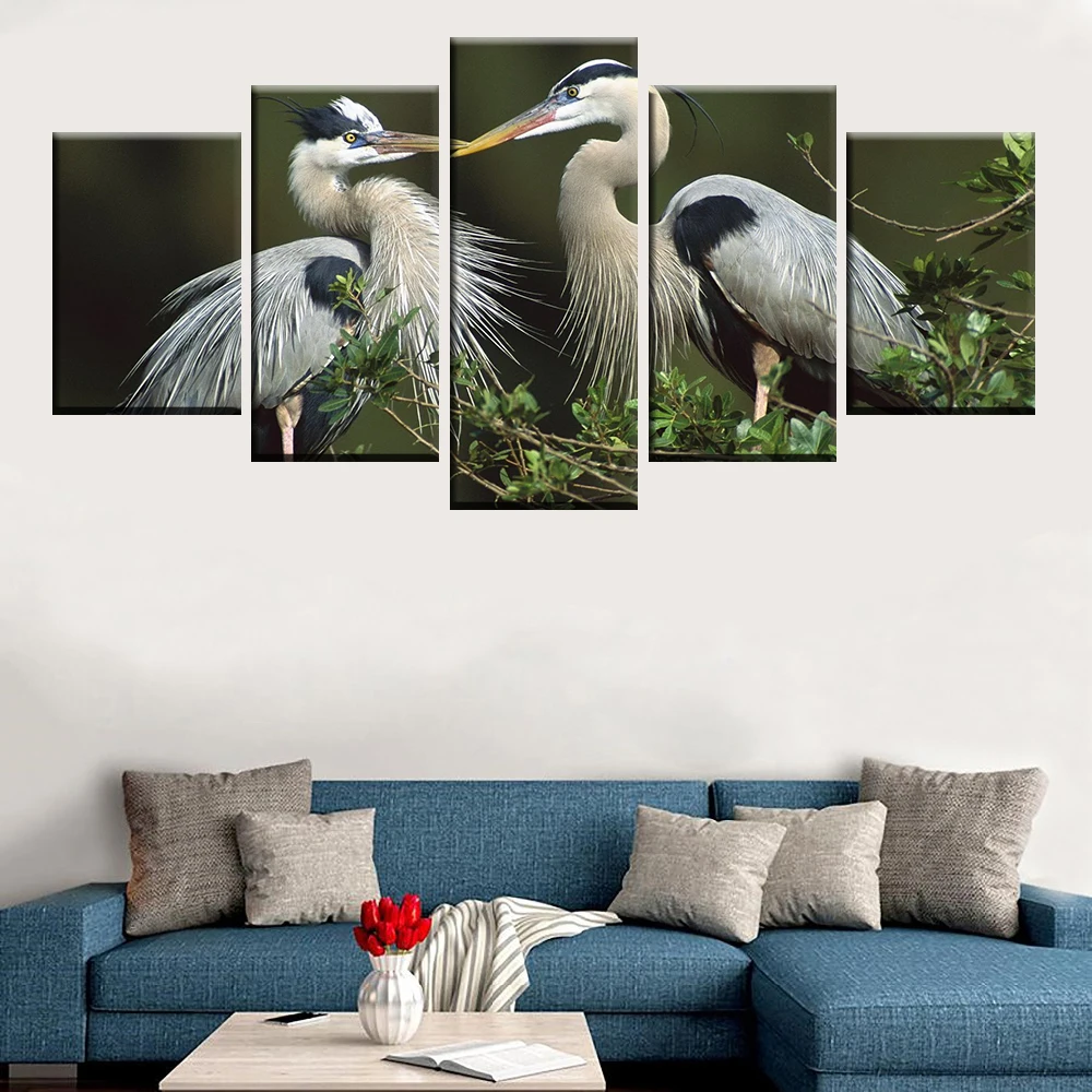 HD Печать Современная птица искусство Великолепный синий Heron 5 панелей Холст