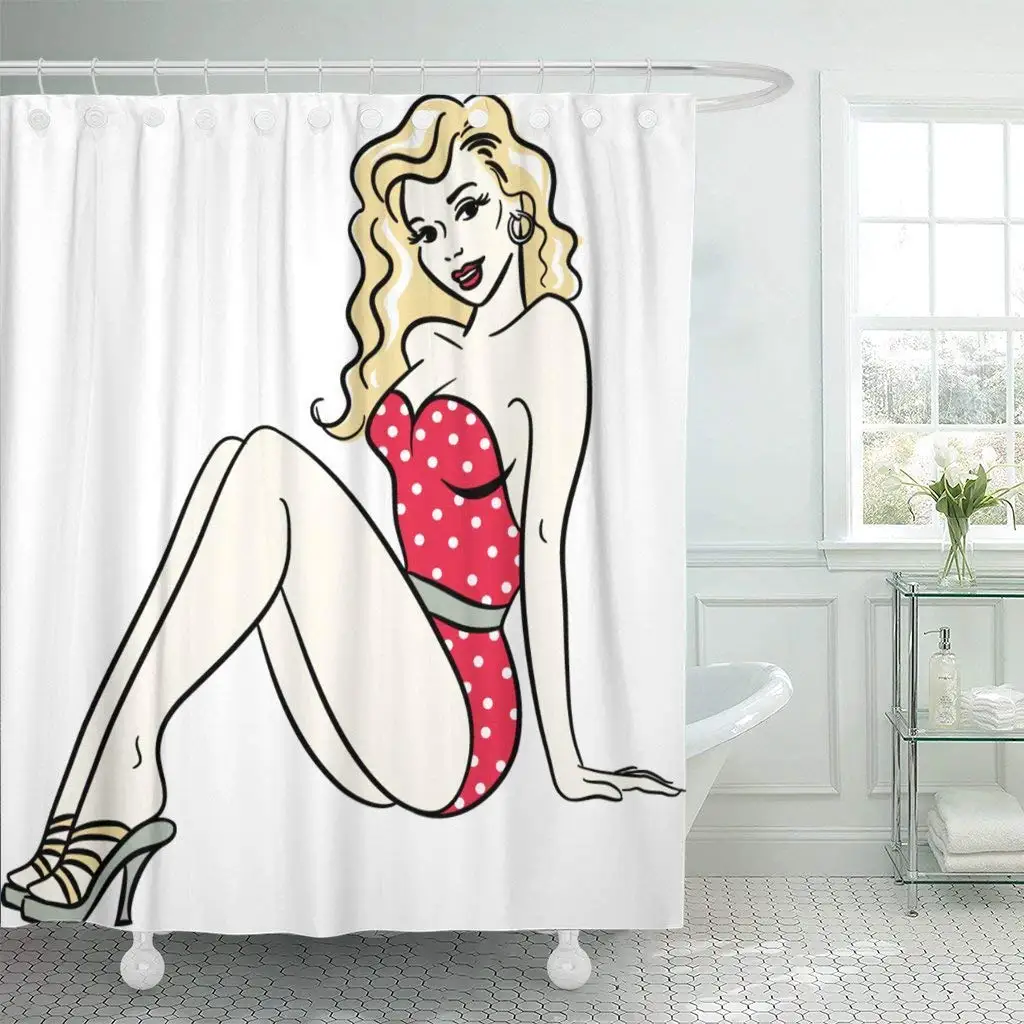 Тканевые крючки для занавески душа красный 50S ретро Burlesque Pinup девушка сидя в