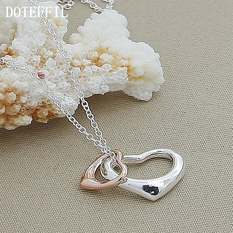 DOTEFFIL 925 Sterling Silver 18 Inch Chain Rose Gold Double Heart Pendant Necklace For Women Wedding Engagement Fashion Jewelry | Украшения
