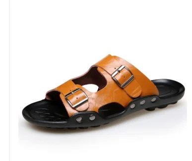 orange buckle Для мужчин тапочки натуральная кожа пляжные шлепанцы Лето большего обувь размер 46 48 Orange черные мужские сандалии без каблука модные шлепанцы - Цвет: orange buckle