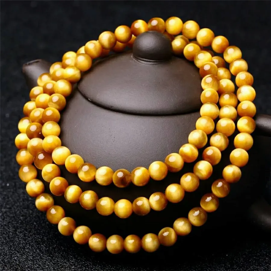 Genuine Natural Gold Tiger Eye Gems Stone Bracelets For Women Men Crystal Three Laps Round Bead Bracelet 6mm 8mm | Украшения и