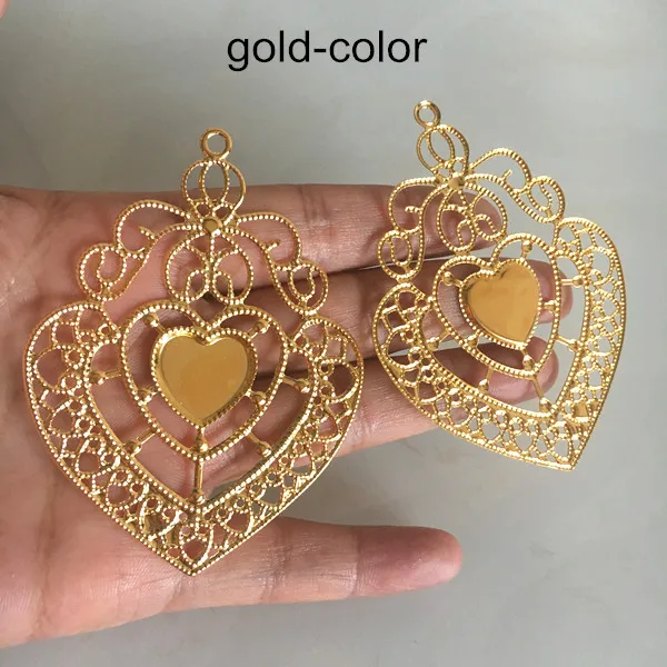 Gold-color 50 шт филигранный поднос с подвеской в виде сердца для кабошона 57*75 мм(внутренний 15 мм), металлическая филигрань для изготовления украшений, золото, серебро - Цвет: Gold-color