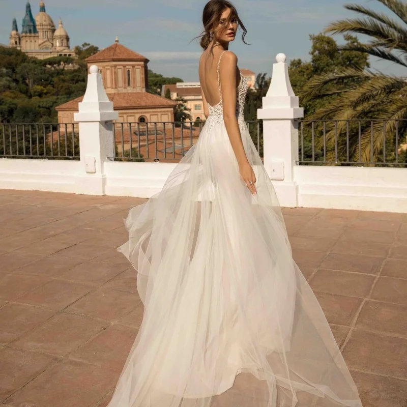 Пляжное свадебное платье на бретелях-спагетти 2019 сексуальное кружевное с