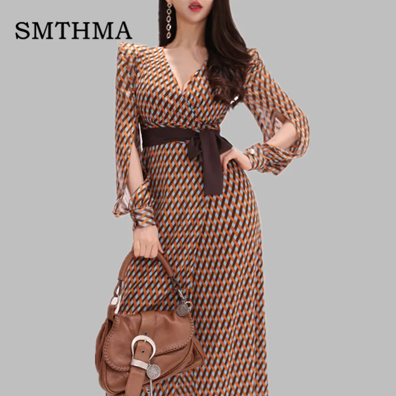 Photo Color Женское платье с V-образным вырезом SMTHMA, винтажные длинные платья с геометрическим принтом, платье с разрезом, лето - Цвет: Photo Color