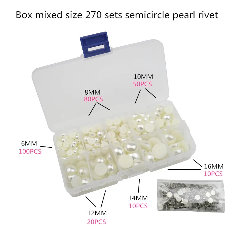 box 270 Set 50/100 наборов полукруглый искусственный жемчуг заклепки Сделай Сам одежда кожаные аксессуары плоские сзади шипы Свадебный декор полукруглый жемчуг - Цвет: box 270 Set