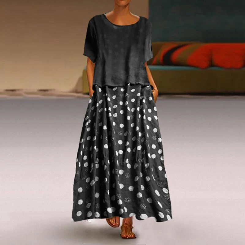 

Summer Women Dress Tops Sets Polka dots Long Dress Short Sleeve t shirt 2 Pieces Women Set Clothing