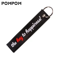 pompom the key to happiness embroidery letter key chain for motorcycles and cars oem key ring gifts key tag for vehicle chaveiro
